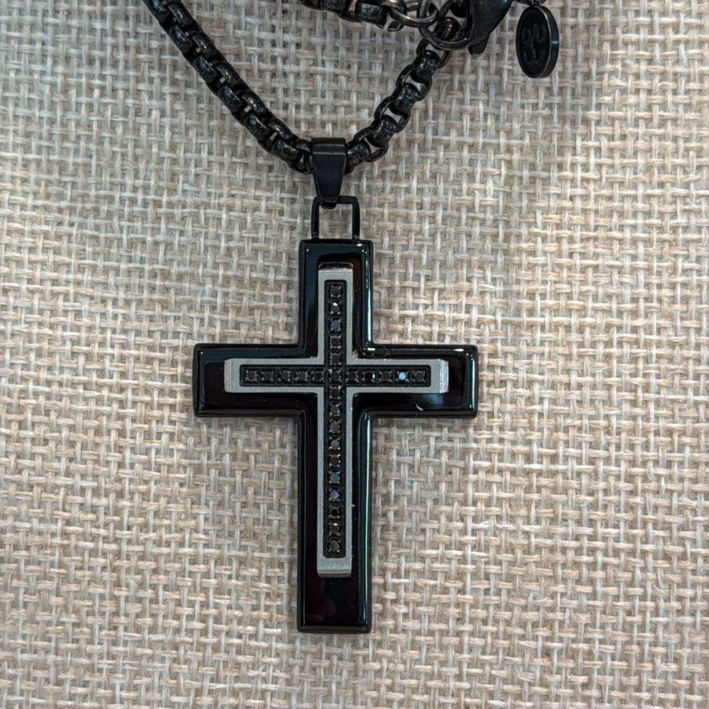 Esquire Black Diamond (1/4 ct. t.w.) Cross Necklace Black IP Stainless Steel